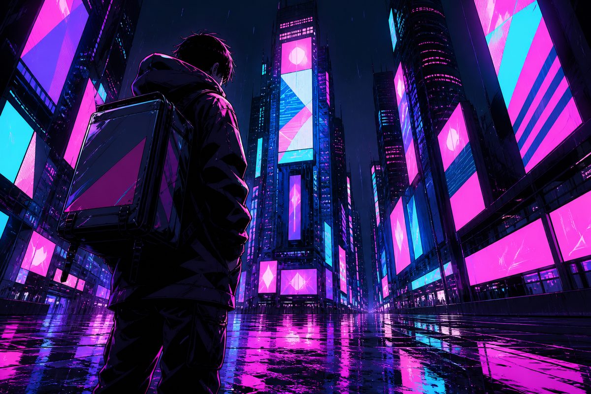 AI 漫剧《赛博夜行》画面：雨夜霓虹街道上的送件人背影