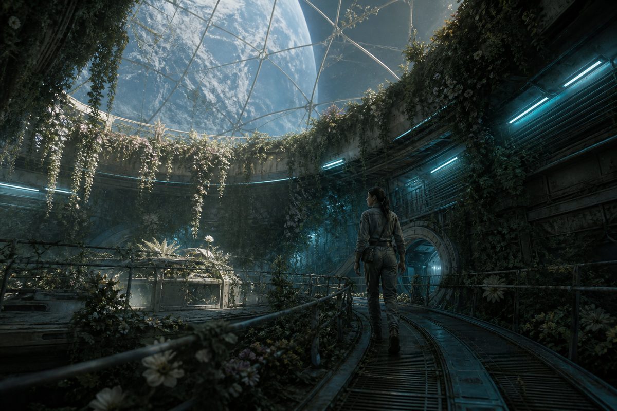 AI 科幻剧集《环轨花园》剧照：废弃轨道温室中藤蔓垂落，女主行走于弧形栈道，穹顶外地球高悬