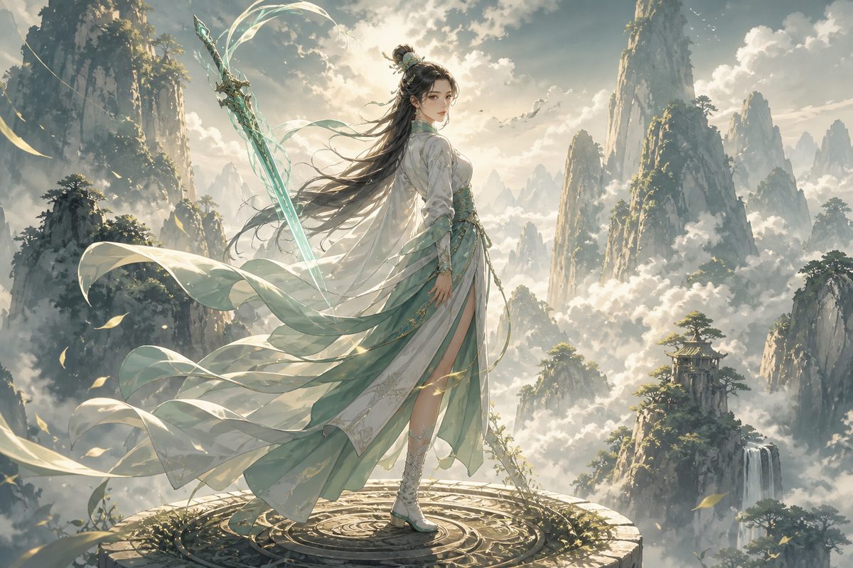 AI 仙侠漫剧《青霄引》画面：白衣女修立于云海石台，身侧悬浮碧色灵剑