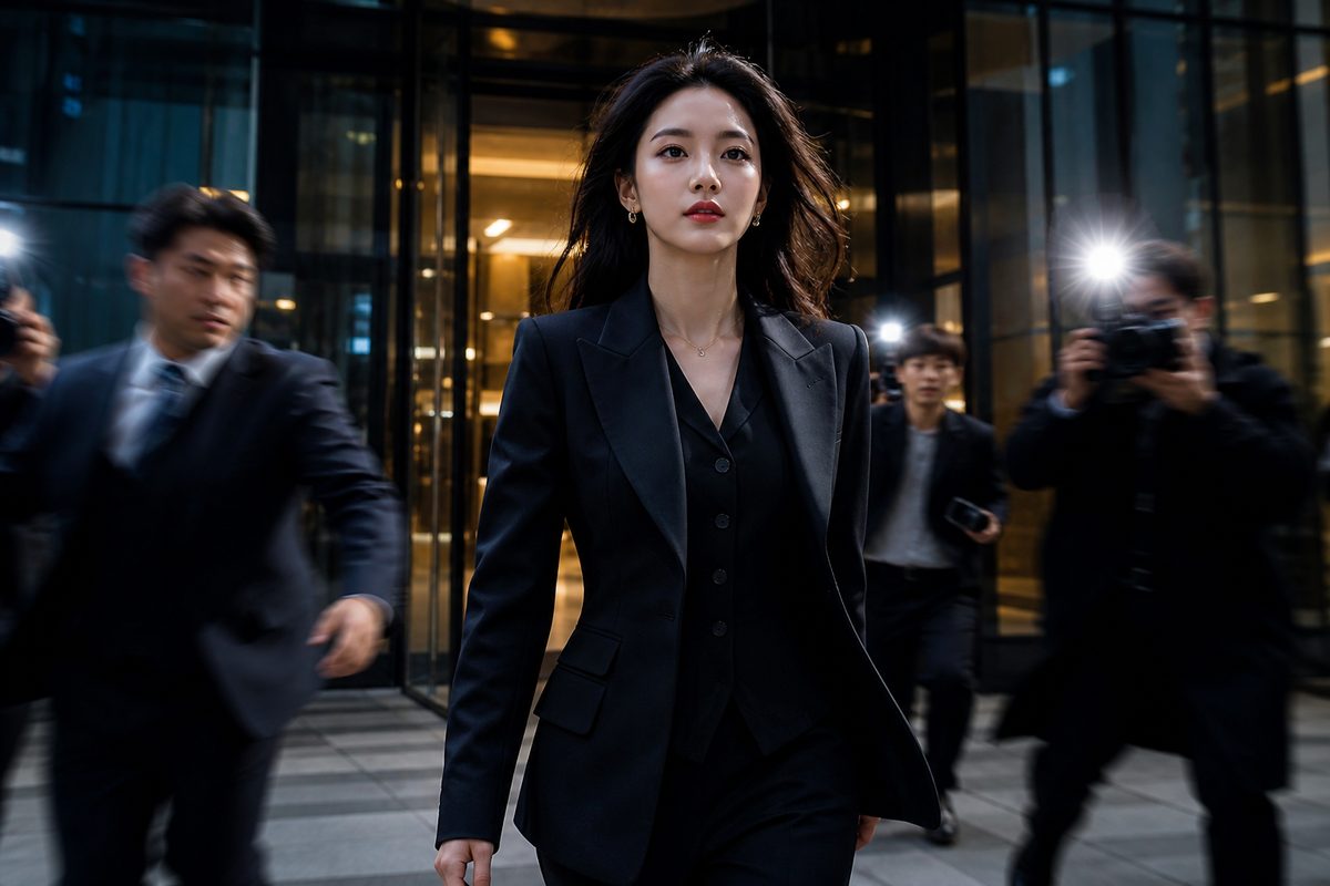 AI 短剧《逆风翻盘》剧照：黑西装女主夜色中走出写字楼，身后记者闪光灯连片