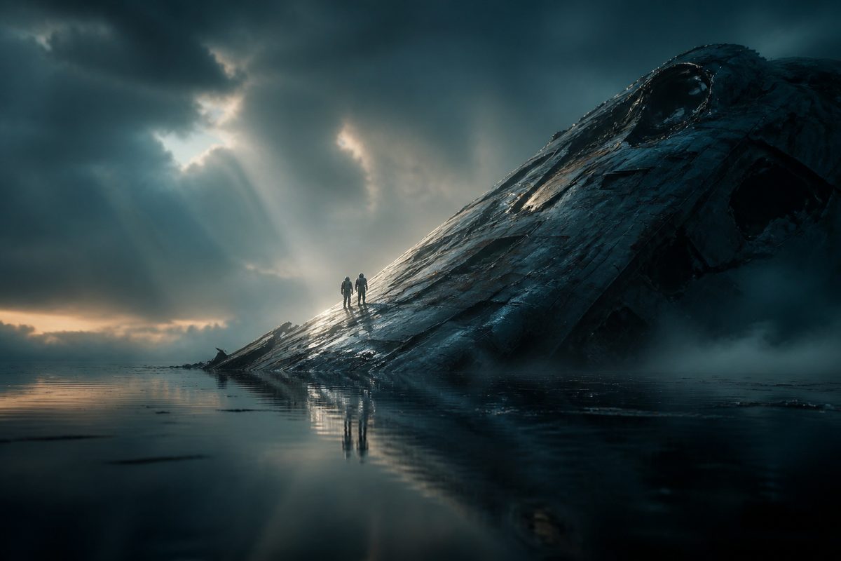 AI 科幻电影《墟海纪元》剧照：巨型沉船残骸半浸在镜面海中